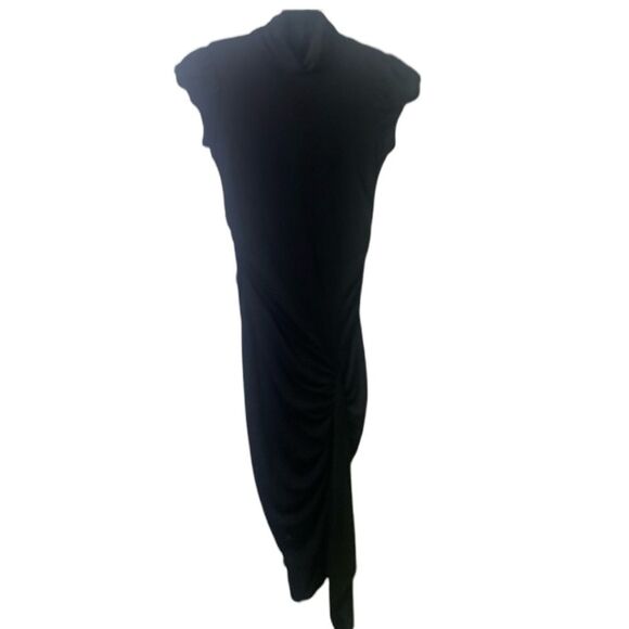 Ruby Rox Black Midi Ruched Mock Neck Cap Sleeve Stretch Fit Flattering Dress - Picture 1 of 10